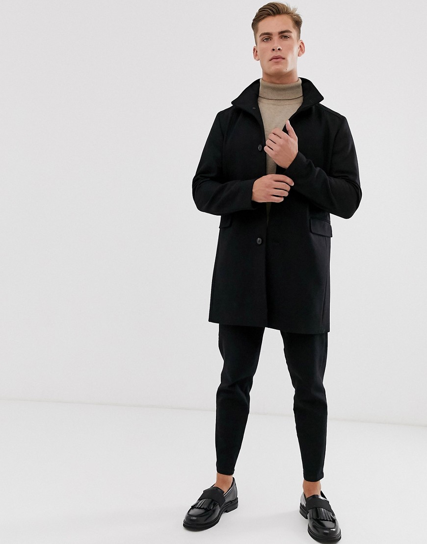 Selected Homme - Jas van gerecycled wol met opstaande boord-Zwart