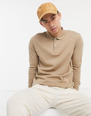 Selected Homme jersey long sleeve polo in beige - ASOS Price Checker