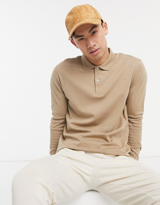 Selected Homme jersey long sleeve polo in beige