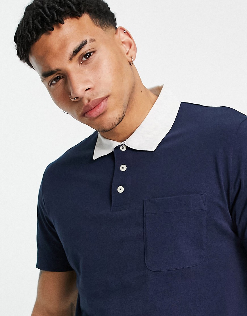 Selected Homme jersey polo T-shirt with contrast neck in navy