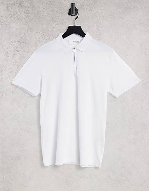 Selected Homme jersey zip polo in white