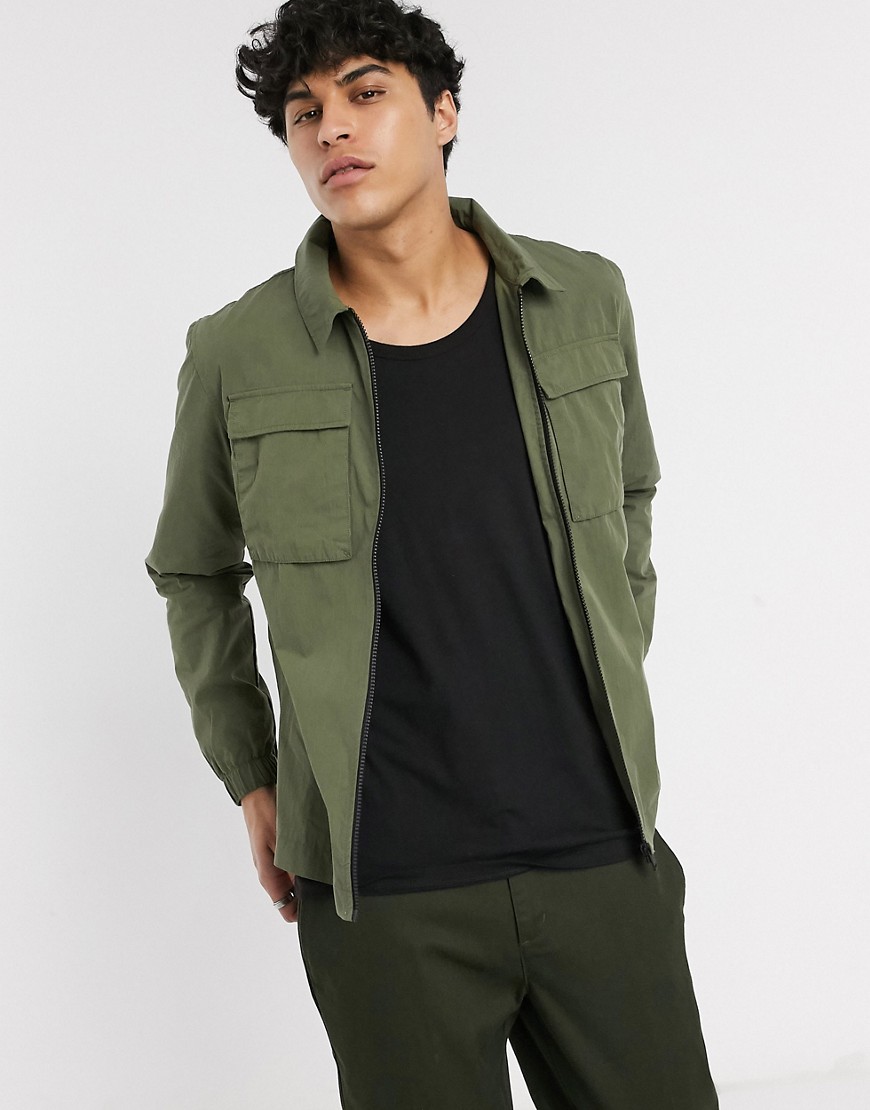 Selected Homme – Khakifärgad overshirt i nylon med dubbla fickor-Grön