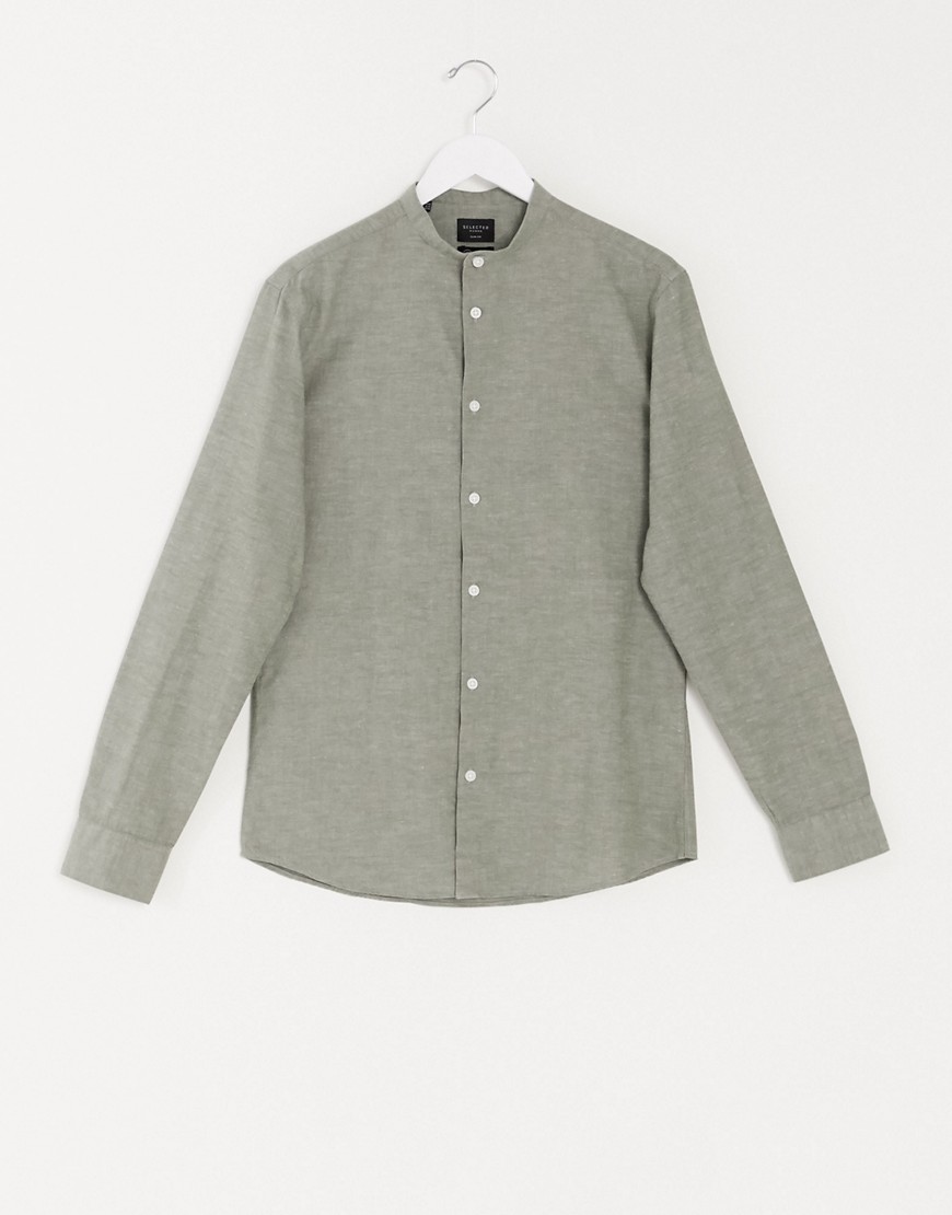 Selected Homme – Khakifärgad skjorta i linneblandning med smal passform och murarkrage-Grön