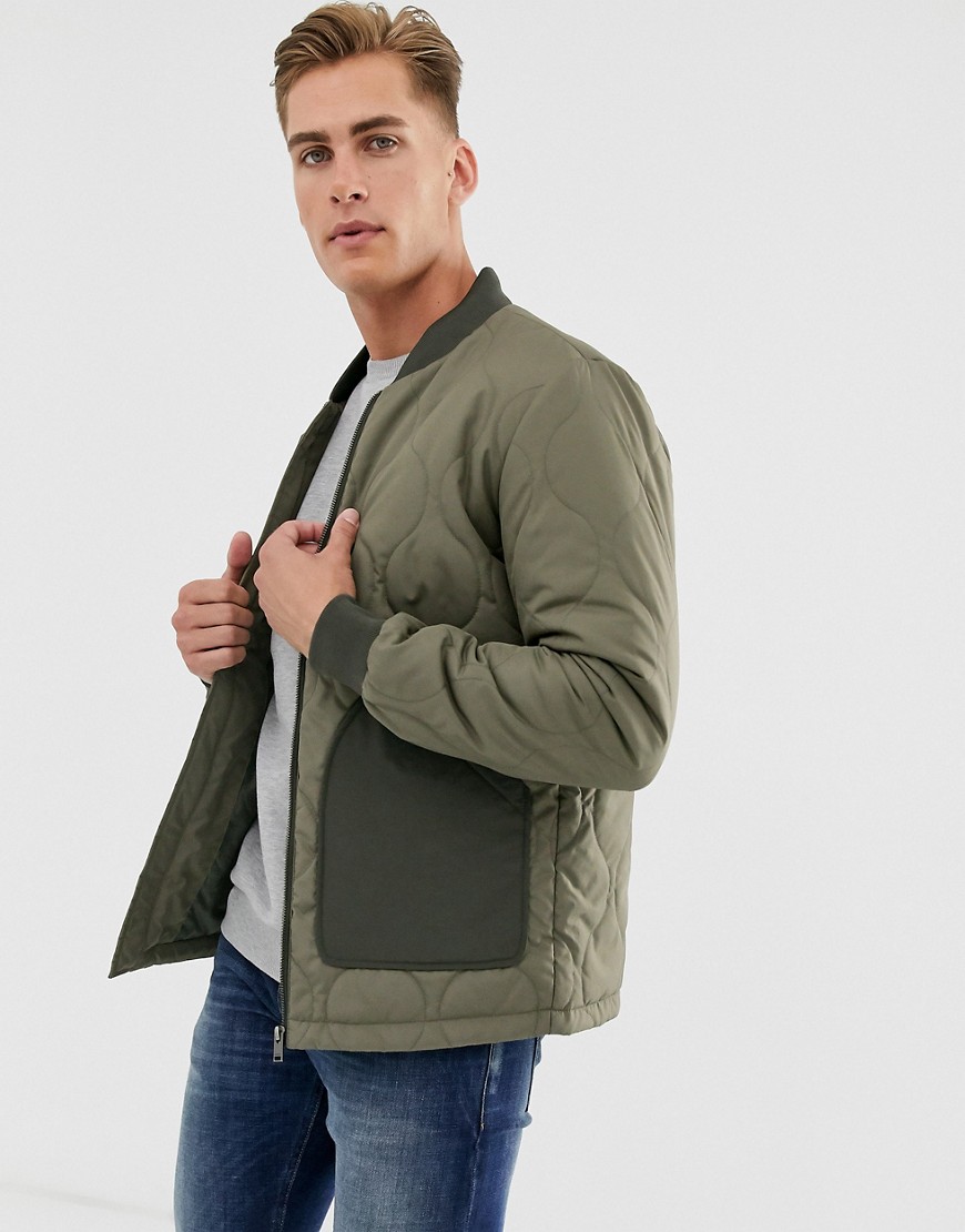 Selected Homme - Khakifarvet vatteret jakke med patch-lommer-Grøn