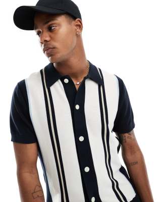 knit button up polo shirt in navy color block