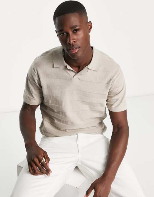 Selected Homme knit polo with revere collar in beige