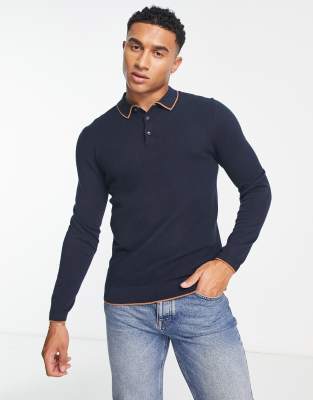 Selected Homme Knit Polo With Tipping Detail In Navy ModeSens