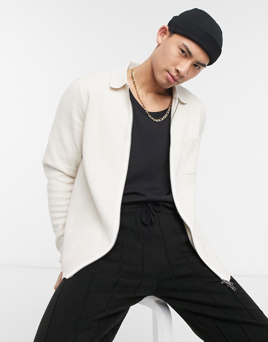 Selected Homme knit zip through jacket in ecru-White