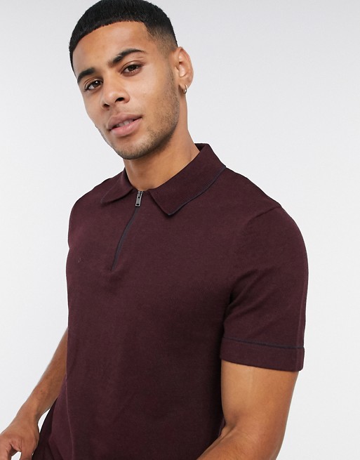 Selected Homme knitted 1/4 zip polo in burgundy