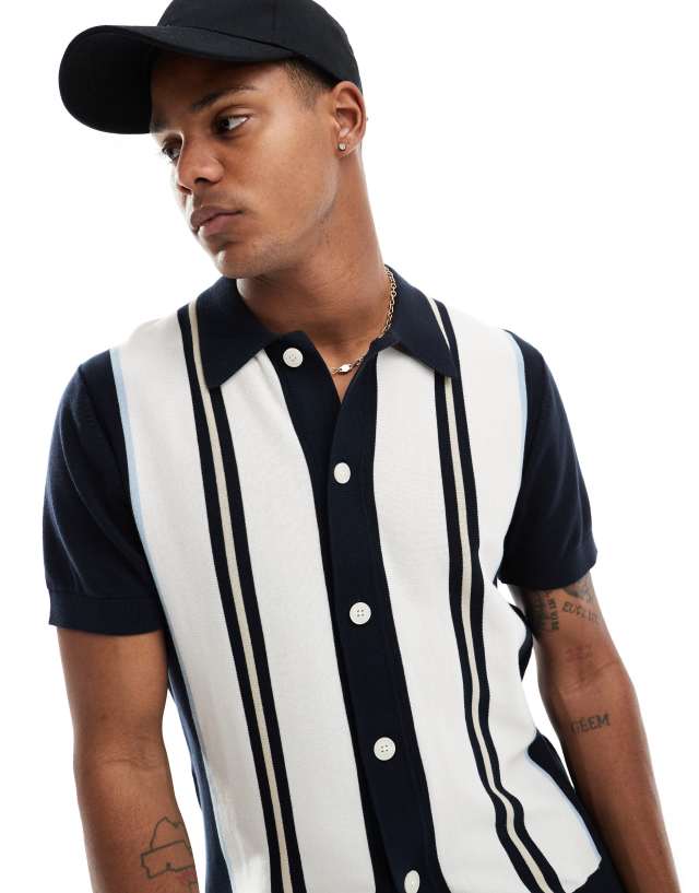 Selected Homme - knitted button up polo in navy colour block