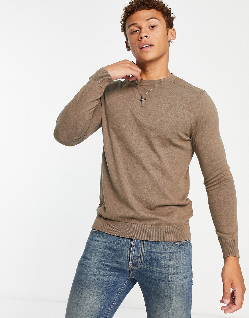 selected homme knitted crew neck jumper in brown
