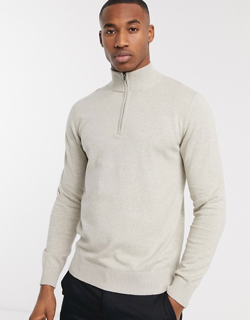 Selected Homme knitted quarter zip jumper in cream