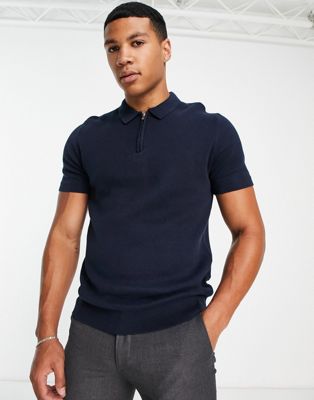 Selected Homme knitted half zip polo in navy