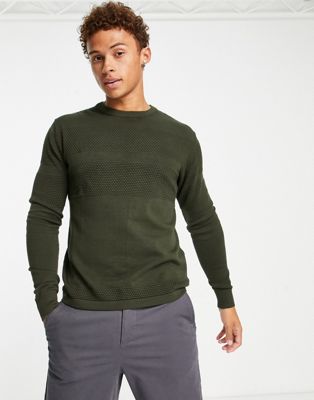 Selected Homme knitted jumper with textured stripe in khaki