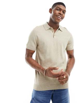 Selected Homme Selected Homme knitted polo in beige-Neutral