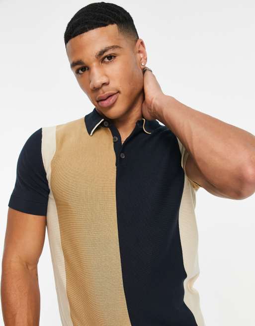 Selected Homme knitted polo in navy and beige color block