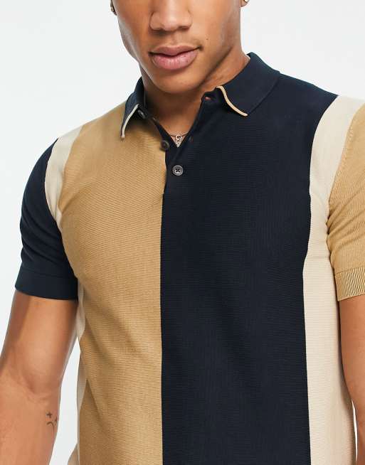 Selected Homme knitted polo in navy and beige color block