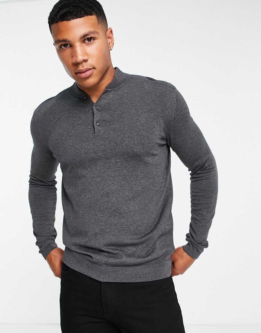 Selected Homme knitted polo with grandad collar in gray