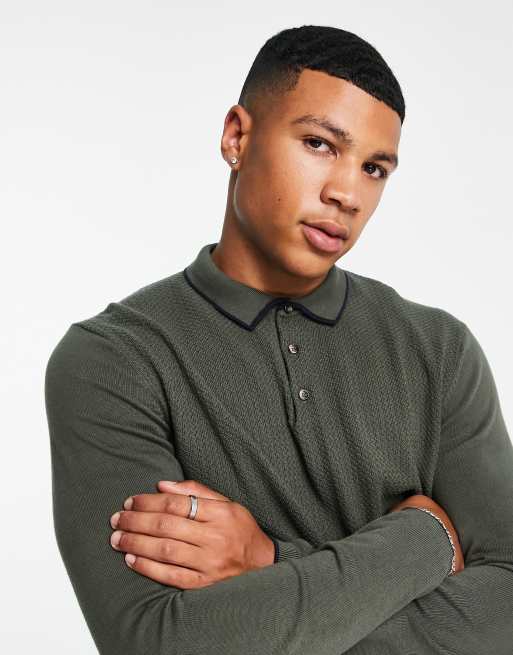 Selected Homme knitted polo with tipping detail in khaki