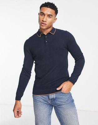 Selected Homme knitted polo with tipping detail in navy