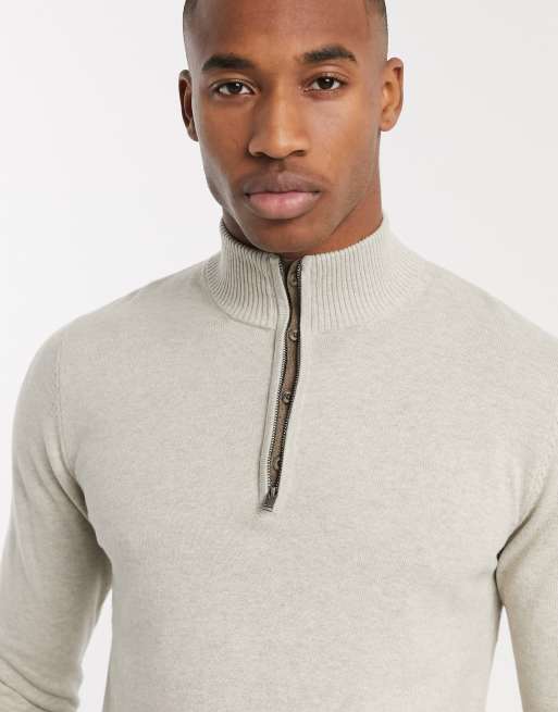 Selected Homme knitted quarter zip jumper in cream ASOS