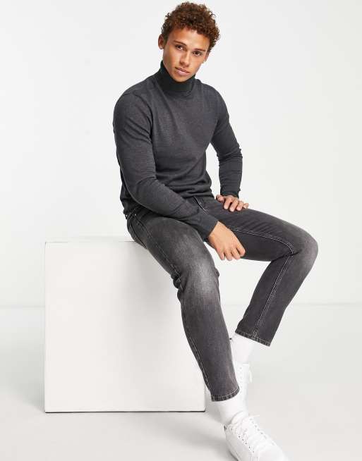 Selected Homme knitted roll neck sweater in dark gray