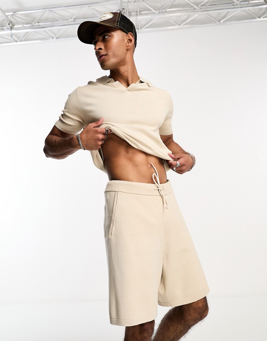selected homme knitted short co-ord with drawstring waist in beige-neutral