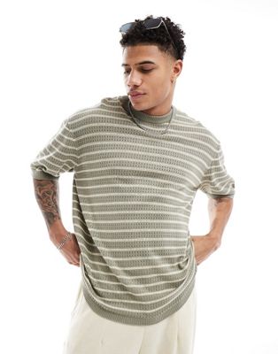 Selected Homme knitted t-shirt in beige stripe