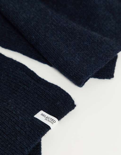 Selected Homme knitted wool mix scarf in navy, 4 of 4