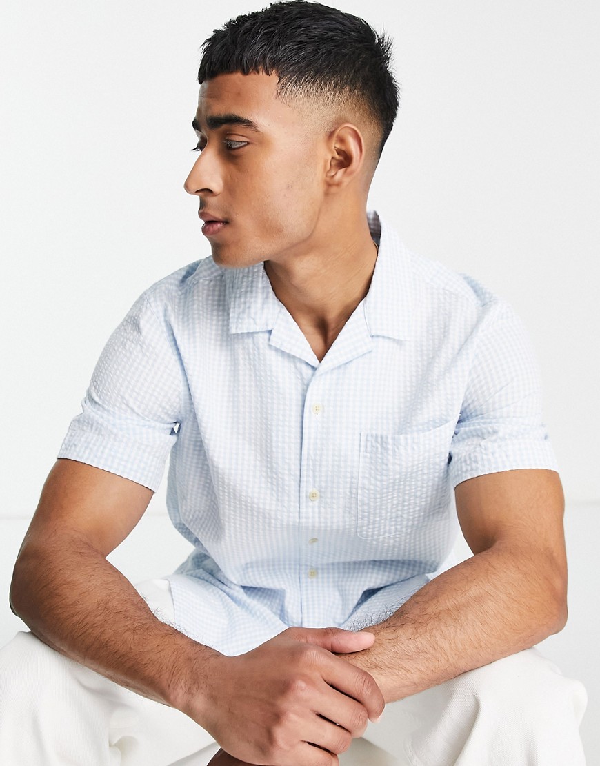 selected homme - kortærmet skjorte med reverskrave og striber i lyseblåt seersucker