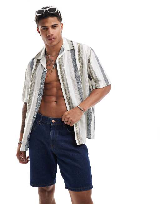 Selected Homme – Koszula oversize z kołnierzykiem kubańskim z domieszką lnu ze wzorem w paski