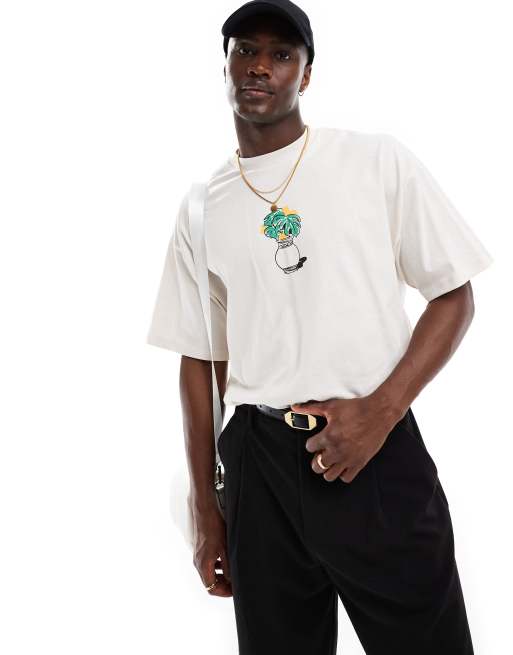 Selected Homme – Krämvit t-shirt i extra oversize med centrerat växttryck