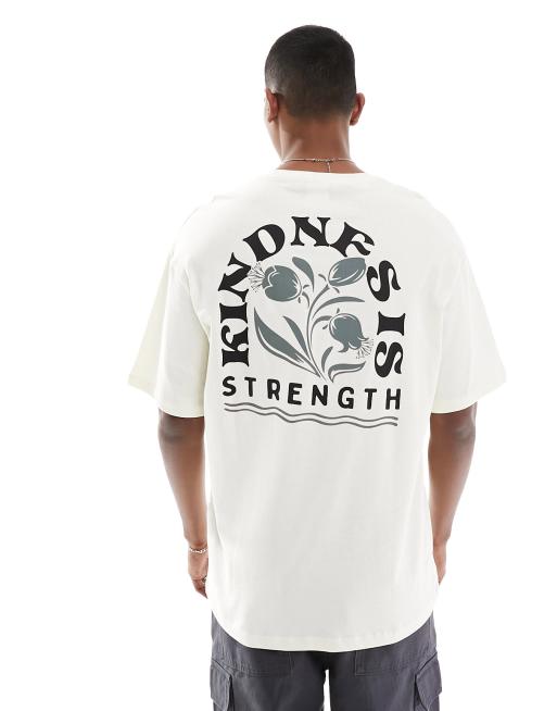 Selected Homme – Krämvit t-shirt i oversize med Kindness is strength-tryck baktill