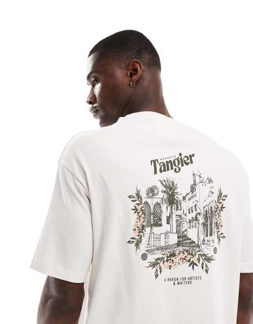 Selected Homme – Kremowy T-shirt oversize z grafiką i napisem Tangier na plecach
