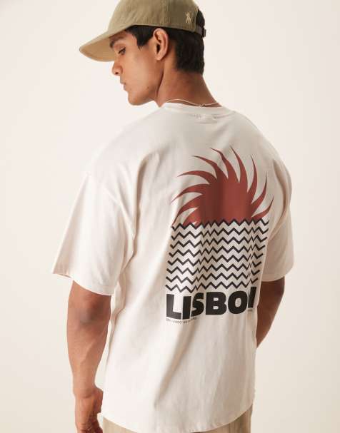 Selected Homme – Kremowy T-shirt oversize z nadrukiem „Lisbon“ na plecach - view 1