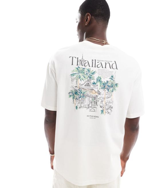 Selected Homme – Kremowy T-shirt oversize z nadrukiem z motywem Tajlandii na plecach