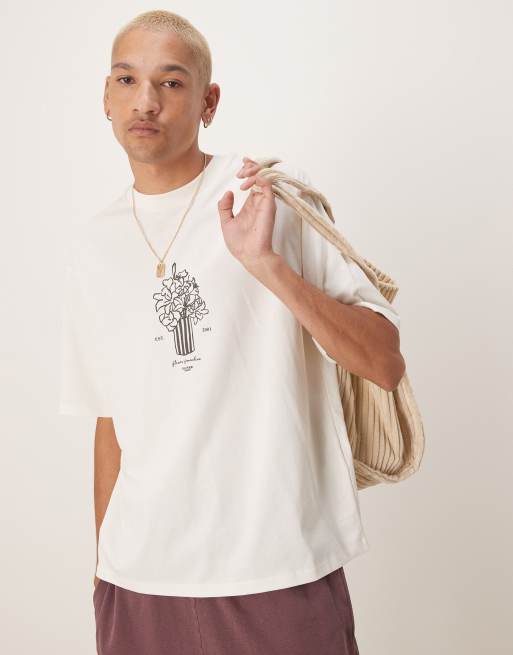 Selected Homme – Kremowy T-shirt oversize z nadrukiem z wazonem na klatce piersiowej