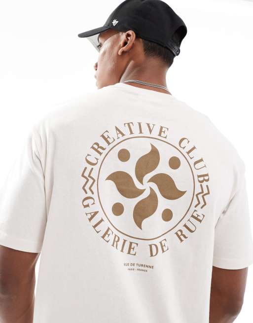 Selected Homme – Kremowy T-shirt oversize z okrągłym nadrukiem na plecach