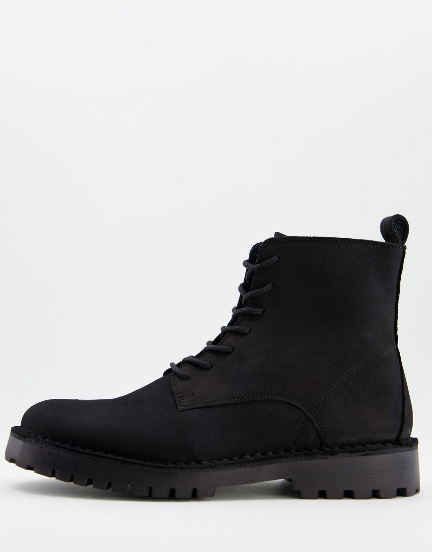 Selected Homme Lace Up Boots With Chunky Sole In Nubuck-Black