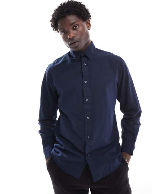 Selected Homme - Langærmet, marineblå skjorte i hør