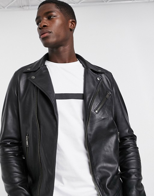 Selected Homme leather biker jacket in black