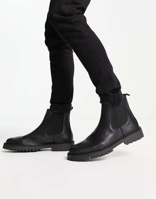 Selected Homme leather chelsea boot with chunky sole in black