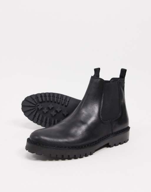 Selected Homme leather chelsea boot with chunky sole in black | ASOS