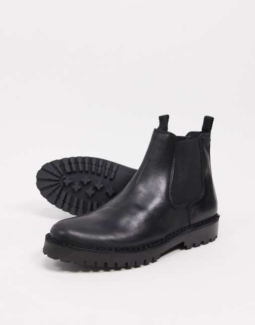 Selected Homme leather chelsea boot with chunky sole in black ASOS