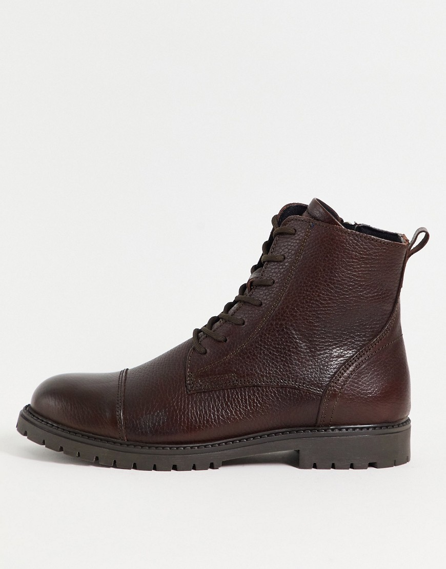 Selected Homme leather lace-up boots with zip in brown