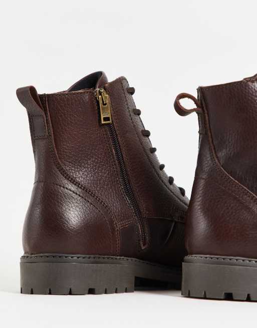 Selected Homme leather lace up boots with zip in brown