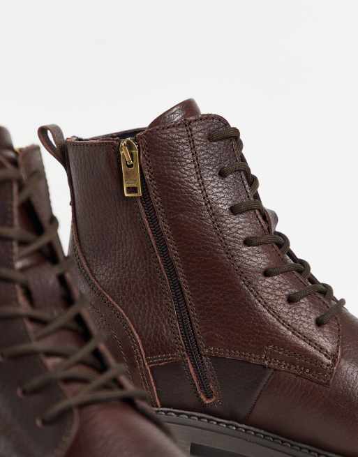 Selected Homme leather lace up boots with zip in brown ASOS