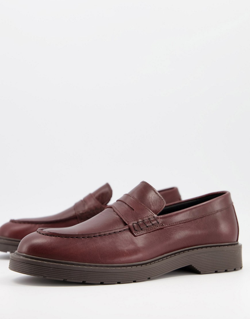 Selected Homme leather penny loafer with chunky sole in burgundy-Red