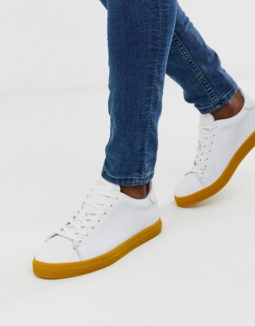 Selected Homme leather trainers with contrast yellow sole-White
