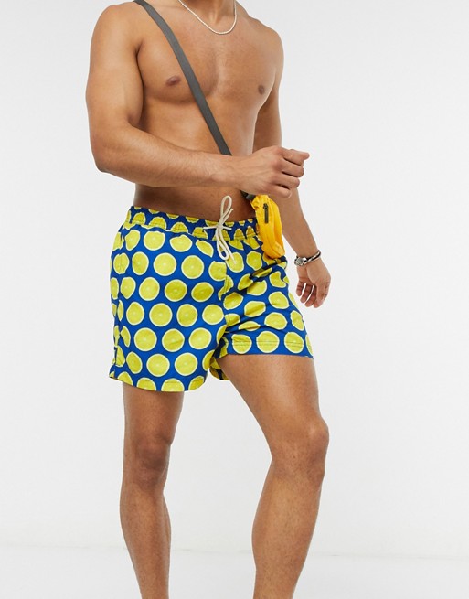 Selected Homme lemon print swim shorts in blue